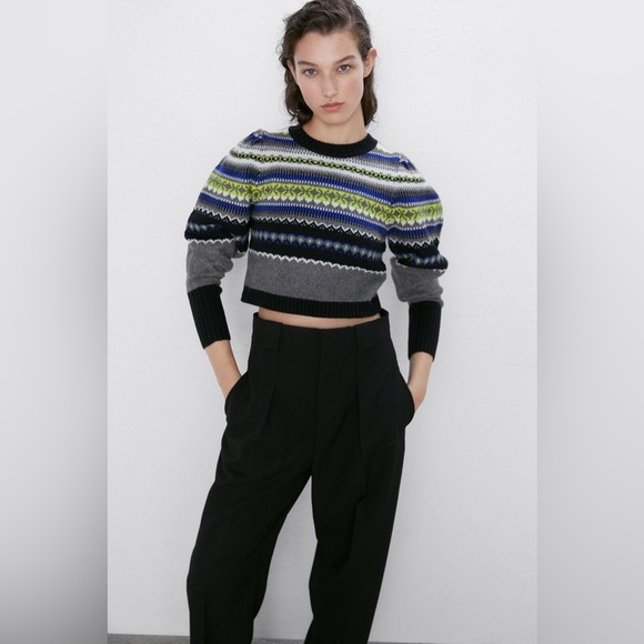 ZARA NEW WOMAN JACQUARD KNIT SWEATER PUFF SLEEVES CROPPED - SIZE L - Picture 3 of 7